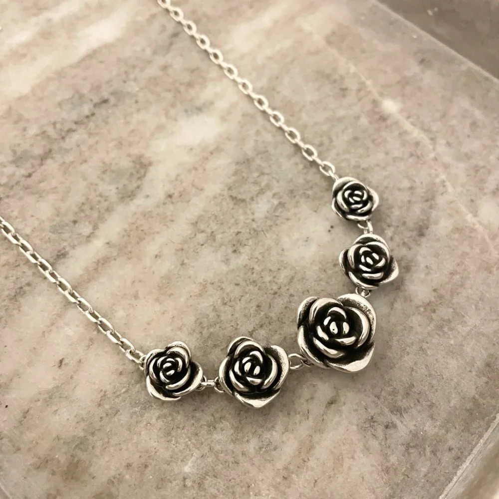 Silver Rose Floral Necklace - Elegant Women's Necklace
